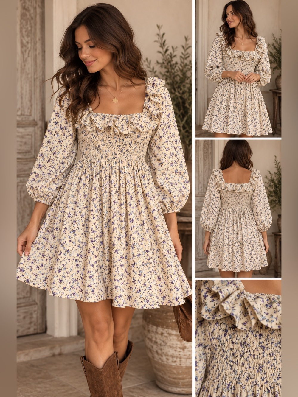 Hyacinth House Blue Freesia Floral Mini Smocked Square Neck Babydoll Dress Small